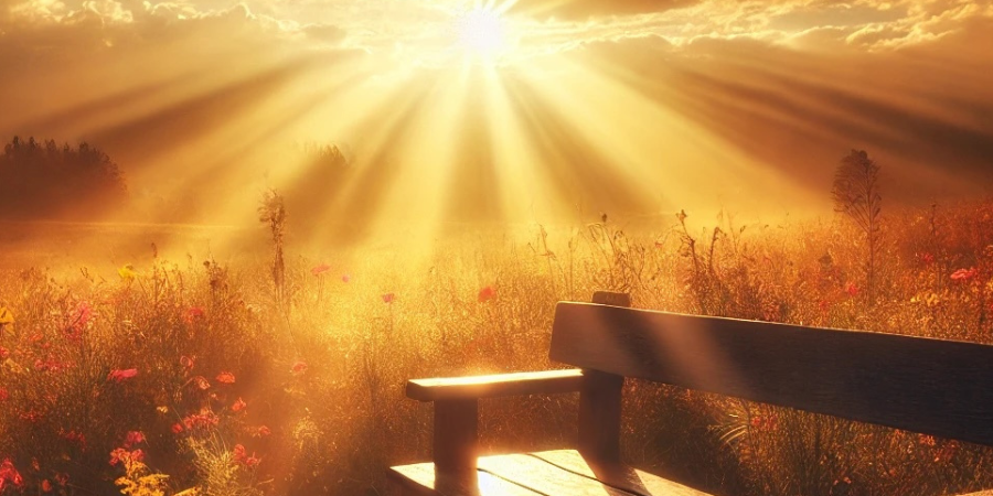 A sun ray bursts through the clouds onto a meadow full of flowers. In the foreground is an inviting park bench covered in warm sunlight.